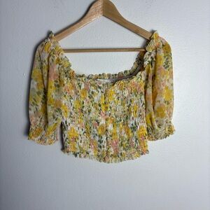 ASTR the Label Floral Smocked Puff Sleeve Blouse Yellow Size XS